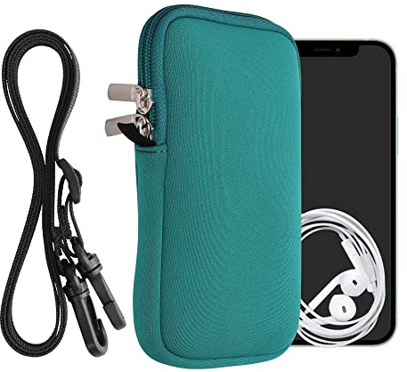 kwmobile Mobilväska för smartphones L – 6,5 tum – neopren mobiltelefonfodral petrol med snöre – mobiltelefonväska med mobiltelefonkedja 16,5 x 8,9 cm innermått