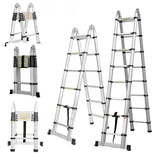 Edelstahl Teleskopleiter Klappleiter 2,5+2,5m, Rutschfesten Stehleiter Anlegeleiter Mehrzweckleiter, 150kg Tragkraft EN131
