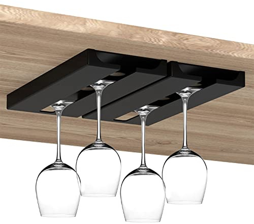 LKPOMI 2/4 Pezzi sotto Il Mobile Porta Bicchieri da Vino Adesivo Porta Bicchieri Organizer Portaoggetti Appendiabiti in Plastica Senza Foratura Porta Calici per Cucina, Bar e Ristorante(2 Pezzi Neri)