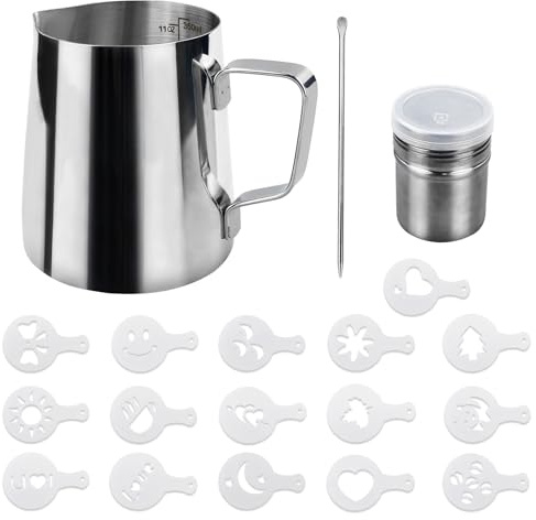 Milk Jug,Milk Jug for Coffee Machine,Milk Frothing Jug, 350ml (12oz) Stainless Steel Milk Pitcher Cup Latte Decorating Art Pen with 32 Molds for Making Coffee Cappuccino Frothing Milk Coffee Machine