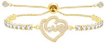 JunyiDIY Guld hjärtformad kristall tennisarmband med KÄRLEK ihåliga bokstäver, Cubic Zirconia smycken för fru Fästmans förlovning Bröllopspresent YA5526