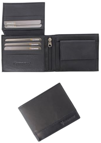 Guinness® Black Leather Wallet with Coin Pocket & ID Window – RFID Blocking, Zipped Pocket, 8 Card Slots, Men’s Bi-Fold Wallet, Genuine Leather – Official Merchandise