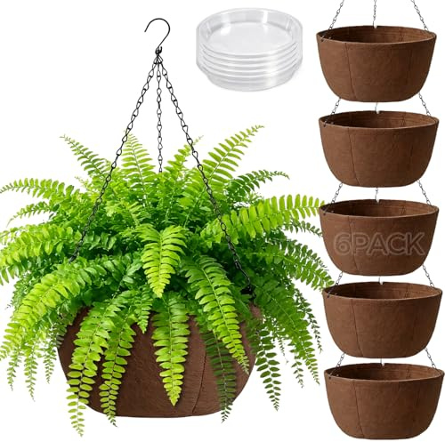 T4U Hanging Baskets Outdoor 6 Pack 30.5cm, Breathable Fabric Hanging Plant Pot with Tray to Catch Excess Water, Hanging Planter with Rustproof Chains for Growing Flowers & Plants Patio Porch Garden