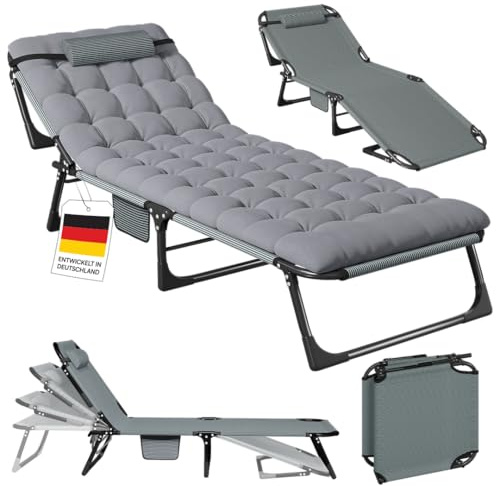 STEELSØN Nysaris Sonnenliege Klappbar – Strandliege in Grau – Gartenliege wetterfest – Liegestuhl mit Polsterauflage – handliche Campingliege leicht – Outdoor Liege verstellbare Lehne – bis 180 kg