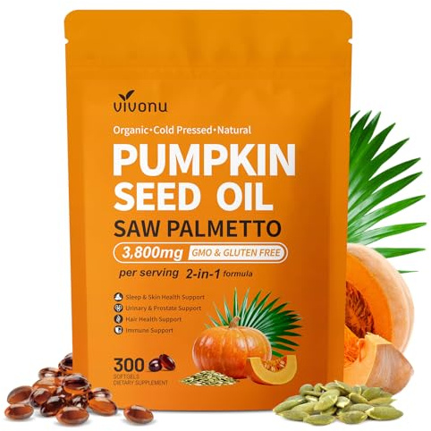 VivoNu Huile de Pépins de Courge - Saw Palmetto & pumpkin seed oil - 3000 mg - soutient la croissance des cheveux, soutient la santé de la Prostate - 300 unité - Sans Soja, Sans Gluten & Sans OGM