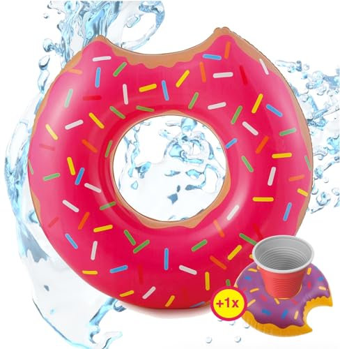 Ciambella Gonfiabile Ø 120 cm Materasso Gonfiabile Galleggiante Cuscino d'Aria per Piscina e Giochi d'Acqua, con 1x portabicchieri per Bambini e Adulti Rosa
