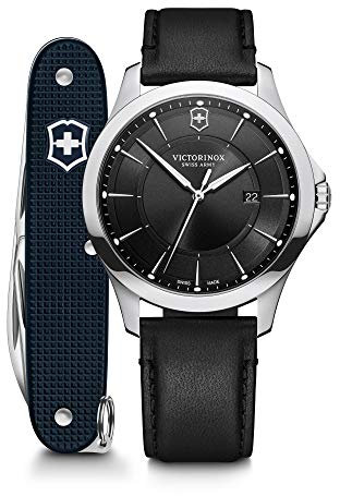 Victorinox Set Herren Armbanduhr Alliance Ø 40 mm und Schweizer Taschenmesser, Analog Quarz, Wasserdicht bis 100 m, Leder-Armband, Schwarz