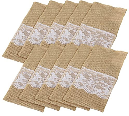 20 Stück Bestecktaschen Spitze Besteck Jute Vintage Besteckbeutel Besteckhalter für Hochzeit Geburtstag Party Messer Gabeln (Beige2)