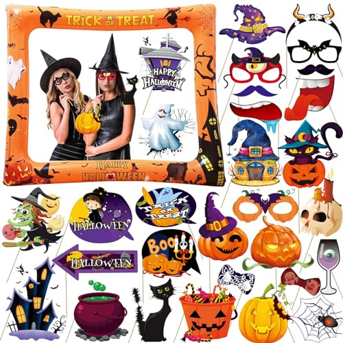 LMSHOWOWO 30 Stück Halloween Foto Requisiten und Aufblasbarer Fotorahmen, Orange Selfie Rahmen, Lustiges Foto Booth Prop, Fotobox Accessoires für Halloween Party Dekoration