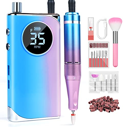 SAVILAND Aufladbare 40000RPM Nagelfräser Set: Tragbare Professionelle Elektrische Nagelfeile mit 12 Nagelfräser Bits für Acryl-Gel-Nägel Nail Drill mit LCD-Display für Salon Hause (Blau-Lila)