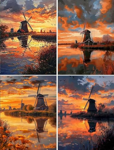 Diamond Painting,4 Pack 5D Diamant Painting Bilder Erwachsene Kinder,DIY Windmühle Diamant Malerei Set,4 Stück Landschaft Diamond Painting für Wohnzimmer Schlafzimmer Wand Dekoration Geschenk 30x40cm