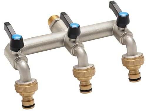 3-Wege Wasserhahn Garten 3/4 Zoll, Garten Doppel Wasserhahn mit 3 Stück 3/4 Zoll auf 1/2 Zoll Hahnanschluss für Haus, Hof/Waschmaschine
