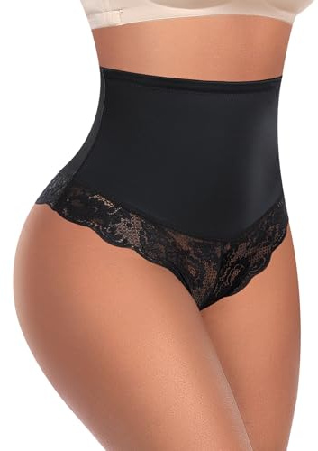 Tummy Control Thong Shapewear for Women High Waisted Body Shaper Panties Lace Shaping Thong Girdle(01# Mid Waisted Black,3X-Large)