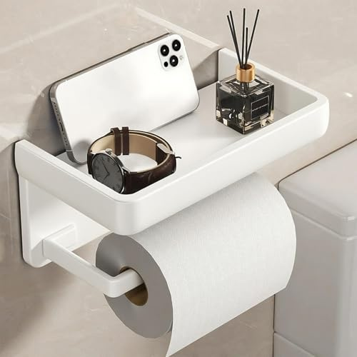 Toilettenpapierhalter ohne Bohren Wc Halter mit Ablage Klopapierhalter Klorollenhalter Toilet Paper Holder Papierhalter für Badzimmer Toiletten Selbstklebend Oder Bohren Weiß