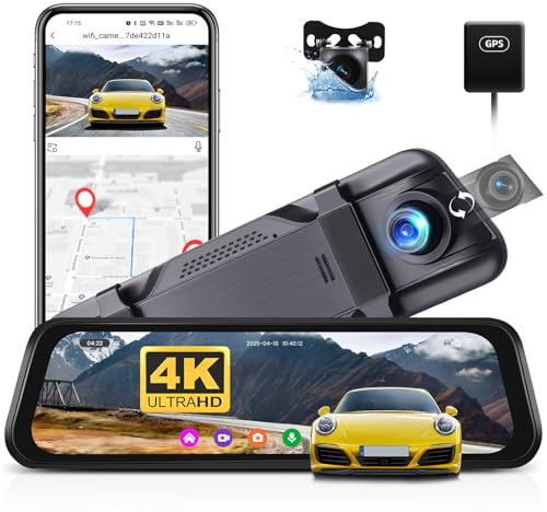 CAMECHO Retrovisor 4K på 9.66 Spegel Dash CAM Bil med 1080P-kamera, Fram 150° och Bak Dashcam 120° med ADAS och BSD Reverse Line, Nattsyn, G-sensor, GPS och 64 GB WIFI-kort