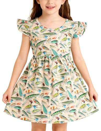 DACSOIT Toddler Girl Dress Casual Fish Print Ruffle Outfit Dress Summer Clothes 5-6Y