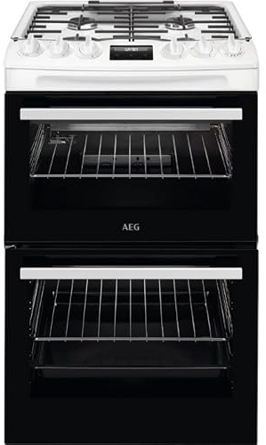 CGX1130ACW 55cm Gas Double Oven Freestanding Cooker – White, 4 Burner Hob, Double Oven with Grill, Easy Clean Enamel, Energy Efficient, Modern Freestanding Gas Cooker