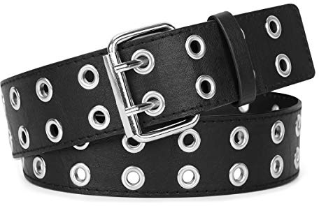 WERFORU Double Grommet Punk Belt - 2 Holes, PU Leather, Black