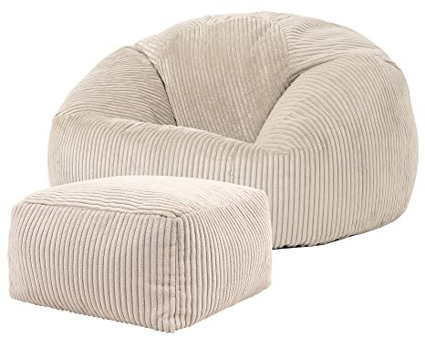 Icon Kingston Sitzsack mit Hocker Cord, Beige, Sitzsack Erwachsene mit Füllung, Bean Bag, Cord Sessel, Lounge Sessel, Lounge Stuhl, Schlafzimmer, Wohnzimmer, Wohnzimmer Möbel