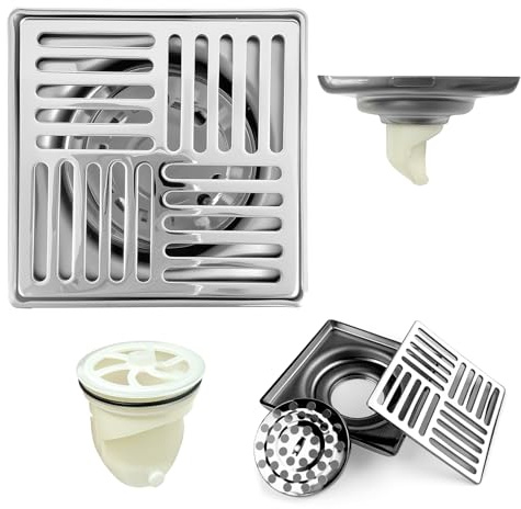 Déboucheur de Sol en Acier Inoxydable Épais Anti-Odeur pour Salle de Bain, Douche, Cuisine, etc. avec Couvercle Amovible (100 x 100 mm, Argent)