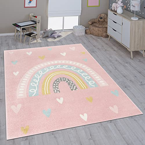 Paco Home Kinderteppich Teppich Kinderzimmer Mädchen Jungs Verschiedene Motive Und Größen, Grösse:120 cm Rund, Farbe:Rosa Weiß