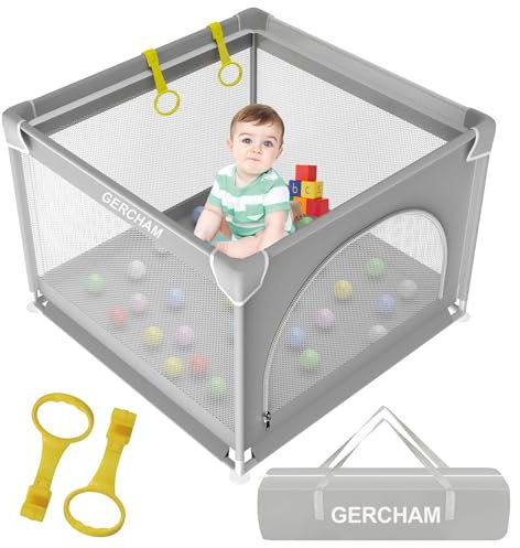GERCHAM Laufstall Baby 90x90cm, Laufgitter Baby mit Sicherheitstür, Baby laufstall Klein für Apartment, Kleines Laufstall, Laufgitter mit Atmungsaktivem Netz an Vier Seiten und Inn Saugnäpfen