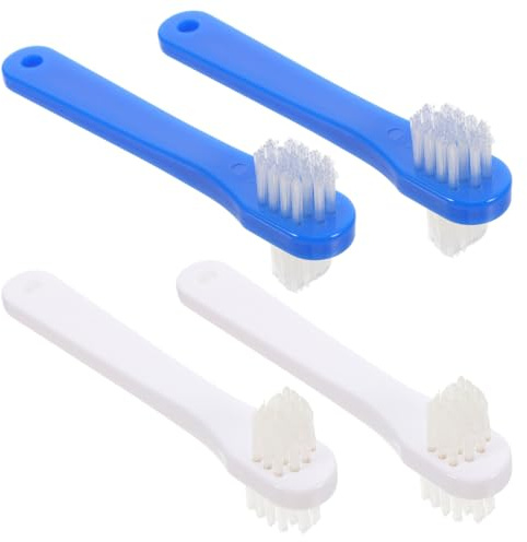 Healeved Lot de 4 brosses à dents à double tête pour prothèses - Avec tête de brosse inclinée - Poignée ergonomique - Nettoyage oral - Pour prothèses partielles et complètes - Portable