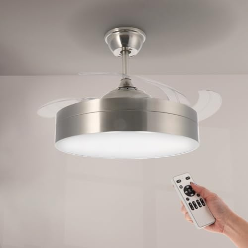 M Mimotec Ventilador de Techo LED Messe Niquel 72W con Luz CCT Regulable e Intensidad, Motor DC Ultrasilencioso, 6 Velocidades, 4 Aspas Retráctiles, Temporizador, Mando a Distanciar.