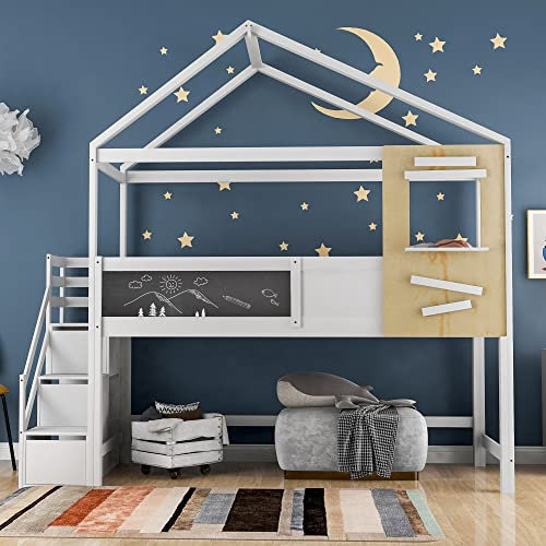 KUAKE Hausbett, Kinderbett 200x90 cm, mit Treppe und Fenster, mit Lattenrost, Treppe mit 3 Schubladen, Weiß