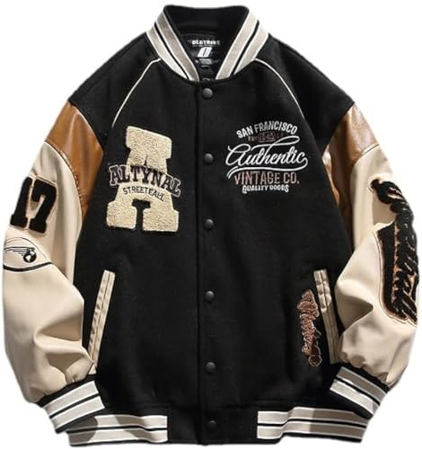 Vagbalena Giacca da College College College da Baseball impiombata con Lettera Y2K da Uomo Giacca da Campus Unisex Giacca da Baseball da Motociclista Casual dalla vestibilità Regolare (Nero,XXL)