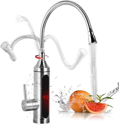 Elektrisch Wasserhahn, 360° Drehbarer Durchlauferhitzer Wasserhahn mit LED Temperaturanzeige, 3000W Schnell Erhitzen Wasserhahn für Küche, Waschbecken, Bad