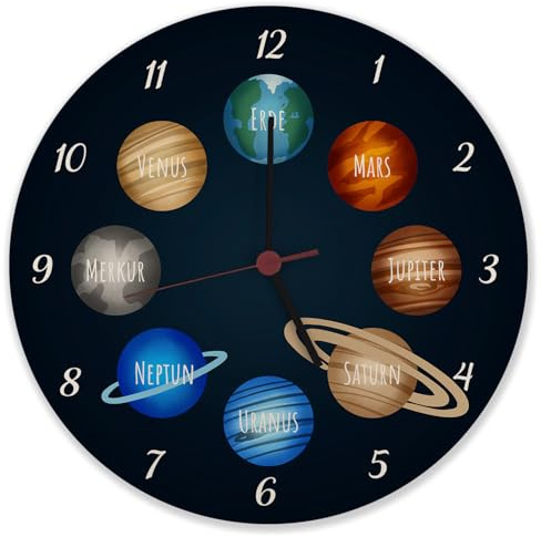 speecheese Planeten des Sonnensystems Wanduhr aus Alu für Kinder Lernuhr für das Kinderzimmer mit schönem Universum Weltall um Kindern die Galaxie zu Zeigen