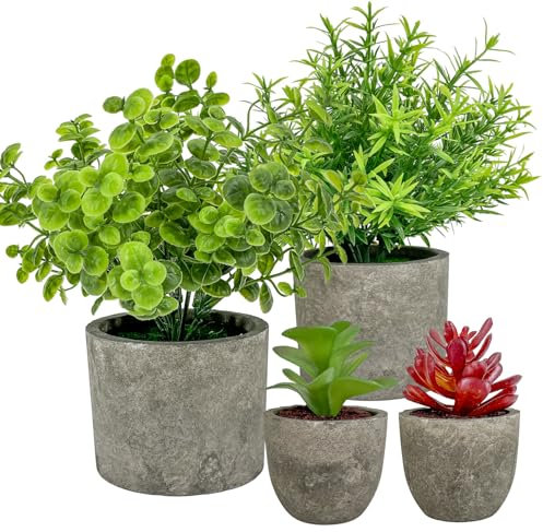 Jobary Lifelike Artificial Plants Indoors Set of 4 Mini Fake Plants Potted Eucalyptus, Rosemary & Succulents Elegant Faux Plants for Home, Office, Kitchen & Outdoor Decor