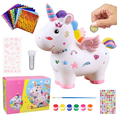Spargris för barn, enhörning spargris flicka, present till tjej, gör-det-själv anpassa kontantlåda med borstar, målning, strass, rumsdekoration, enhörning flicka present