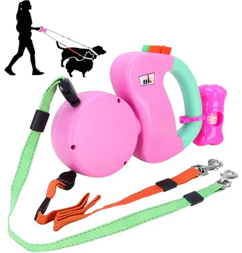 Doppelte Einziehbare Hundeleine Makife Dual Doggie Pet Leash Hundeleine Automatische Hund Versenkbar Leine, Einziehbare 3m Geeignet für Kleine und Mittelgroße Hunde Wandern Joggen 15pcs Hundekotbeutel