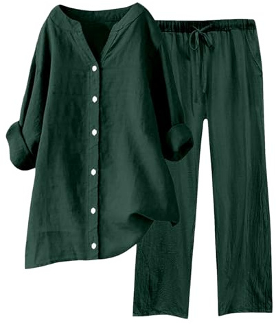 Damen Zweiteiler Musselin Bluse Hemd Und Lang Hose Aesthetic Lounge Set Strand Outfit Elegant V-Ausschnitt Two Piece Set Freizeit Streetwear Große Größe