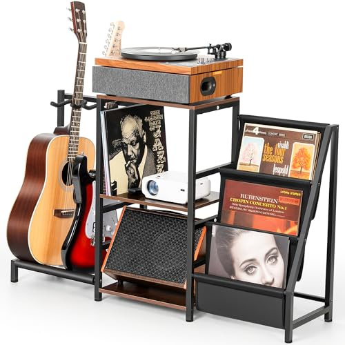 CAHAYA Soporte 4 en 1 para Guitarra Discos – Estantería para 200 LPs con soporte para 2 guitarras – Almacenamiento para Tocadiscos, Guitarra Acústica, Eléctrica Bajo