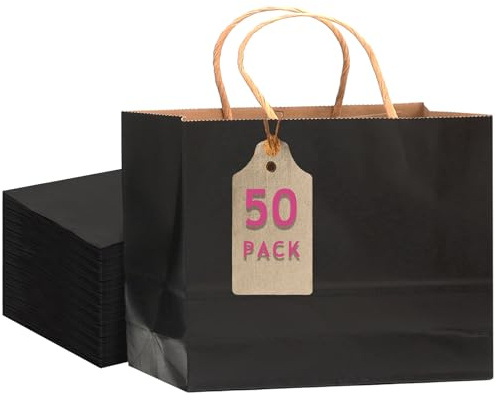 Gcardist Lot de 50 sacs cadeaux en papier noir avec anses – Sacs de 30 x 10 x 25,4 cm – Sacs cadeaux de fête pour de nombreuses utilisations
