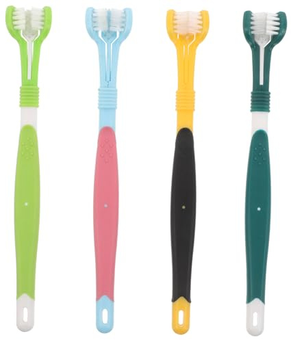 Toyvian 4 St Hund Katt Tandborste med Trippelhuvud Ergonomisk Plastborste för Medelstora Husdjur Plackborttagning och Fräsch Andedräkt Mjuk Borst för Djurtandvård