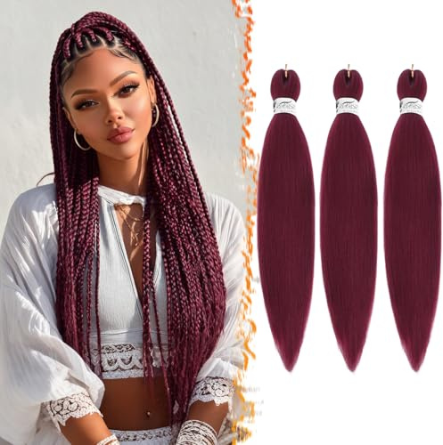 BARSDAR Cheveux Tressés Pré-étirés, 66cm 3 Packs Rouge Longue Pre Stretched Braiding Hair pour Tresses Africaine Synthétique Crochet Braiding Extensions de Cheveux - Bourgogne