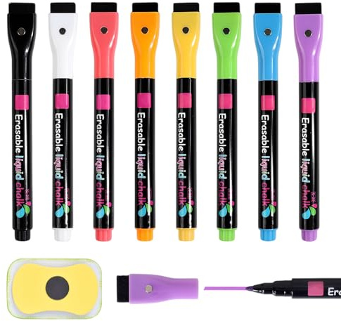 Eclove Set de 8 Rotuladores para Pizarra Blanca con Tapa de Borrador, 8 Colores Rotuladores Pizarra Blanca, Marcadores Magnéticos Punta Fina con Borrador de Esponja, para Casa, Oficina, Escuela