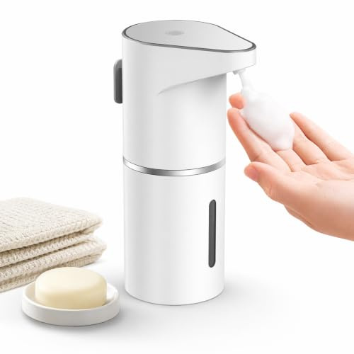 Seifenspender Automatisch 350ml, Elektrischer Schaumseifenspender Wandbefestigung mit Sensor, ohne Bohren, 3-Stufig Einstellbar, USB Wiederaufladbar, IPX5 Wasserdicht für Bad, Büro und Küche, Weiß