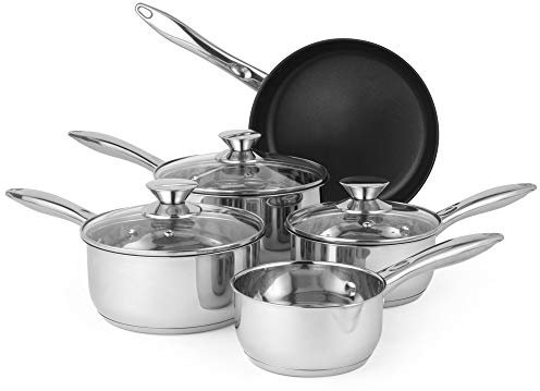 Russell Hobbs BW06572 5 Piece Pan Set - Classic Collection14/16/18/20/24 cm, Stainless Steel, Non-Stick, Suitable for Induction, Gas and Electric Hobs, Includes Tempered Glass Lids, 5 Year Guarantee