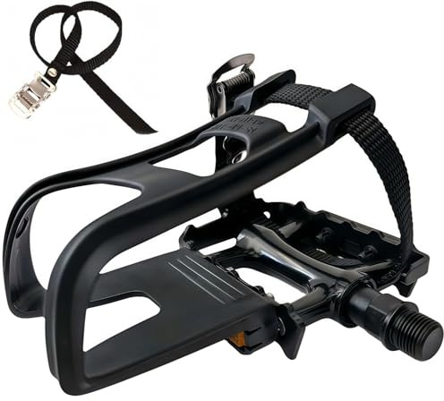 YBEKI All-Terrain Bike Pedals with Toe Clips & Adjustable Straps Dual-Purpose Resin/Alloy Bicycle Pedals 9/16 Spindle - Indoor/Outdoor Use for Exercise/Spin/Road Bikes MTB (Black)