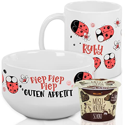 GRAZDesign Frühstücksset Marienkäfer mit Name – Müslischale & Tasse Keramik | Personalisiertes Geschenkset aus Keramik für kleine Marienkäfer-Fans