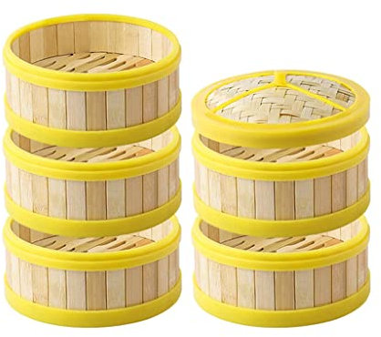 PIAOLING Bambus-Dämpfkorb, 5-stufiger Dampfgarer mit Deckel, handgefertigter Dampfgarer aus natürlichem Bambus mit Kunststoffrand zum Kochen/Gemüse/Knödel/Eier