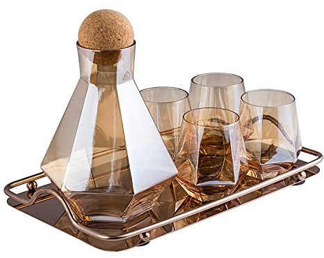Set Di Brocca D'acqua In Vetro Ambrato Vintage, Brocca D'acqua Dal Design Elegante A Diamante, Caraffa Di Vetro Con 4 Tazze E 1 Vassoio, Per Tè Freddo All'acqua, Limonata, 1300 (Color:marrone ambrato)