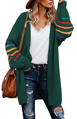 AlvaQ Women's Cardigans Long Sleeve Open Front Rainbow Striped Color Block Loose Casual Womens Oversized Cardigan Ladies Long Lightweight Knit Outwear Coat Jacket Sweaters Green XL UK 18 20