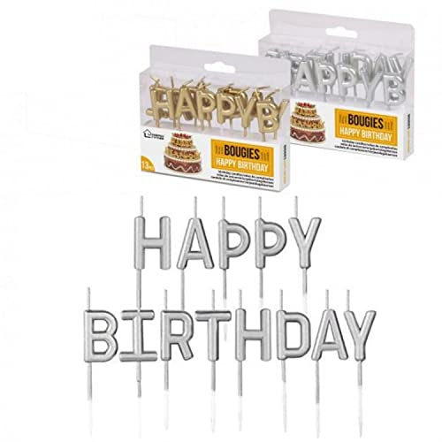 13 Happy Birthday Birthday Candles - Silver - Cake Topper - Height of Each Letter: 7 cm (Pike + Letter + Wick) - Food Grade Plastic Pick - Adult or Child - Available in Gold