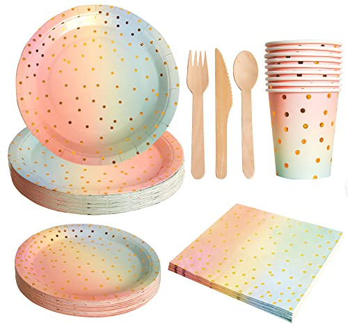 BOX And Tree| 155 pièces Vaisselle Jetable Anniversaire Fille Assiette Arc en Ciel,Assiette, Gobelets Serviettes en Papier et couverts en bois Décoration pour 20 Invités